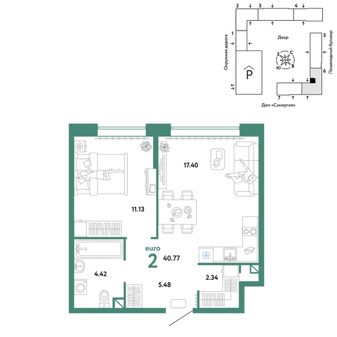 Планировка 2-комн. квартира, 40.77 м² ЖК «Юнион» Планировка 2-комн. квартира, 40.77 м² ЖК «Юнион»
