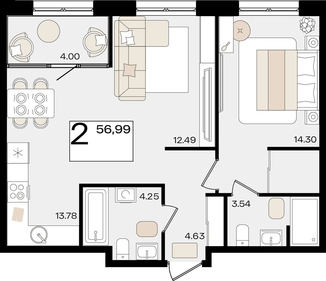 Планировка 2-комн. квартира, 56.99 м² ЖК «Патрики»