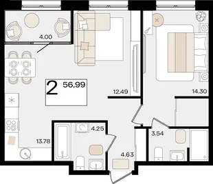 Планировка 2-комн. квартира, 56.99 м² ЖК «Патрики»