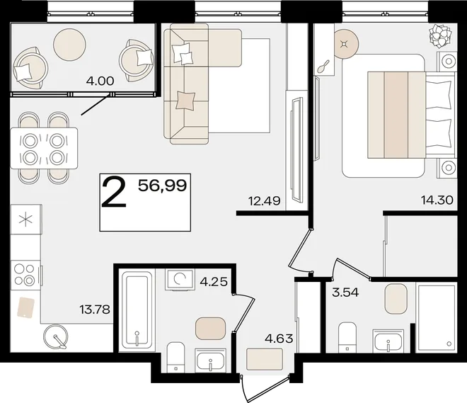 Планировка 2-комн. квартира, 56.99 м² ЖК «Патрики» Планировка 2-комн. квартира, 56.99 м² ЖК «Патрики»