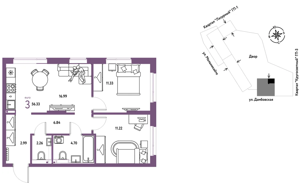 Планировка 3-комн. квартира, 56.33 м² ЖК «Страна Прибрежная»
