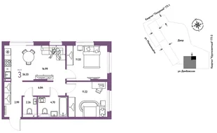 Планировка 3-комн. квартира, 56.33 м² ЖК «Страна Прибрежная»