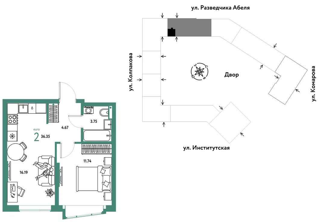 Планировка 2-комн. квартира, 36.35 м² ЖК «Страна.Парковая»