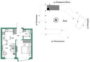 Планировка 2-комн. квартира, 36.35 м² ЖК «Страна.Парковая»