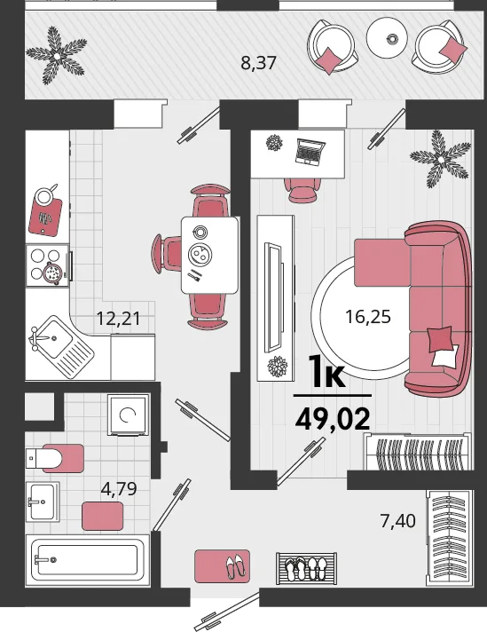 Планировка 1-комн. квартира, 49.02 м² ЖК «Родные просторы»