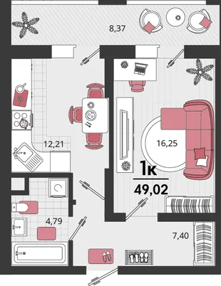 Планировка 1-комн. квартира, 49.02 м² ЖК «Родные просторы»