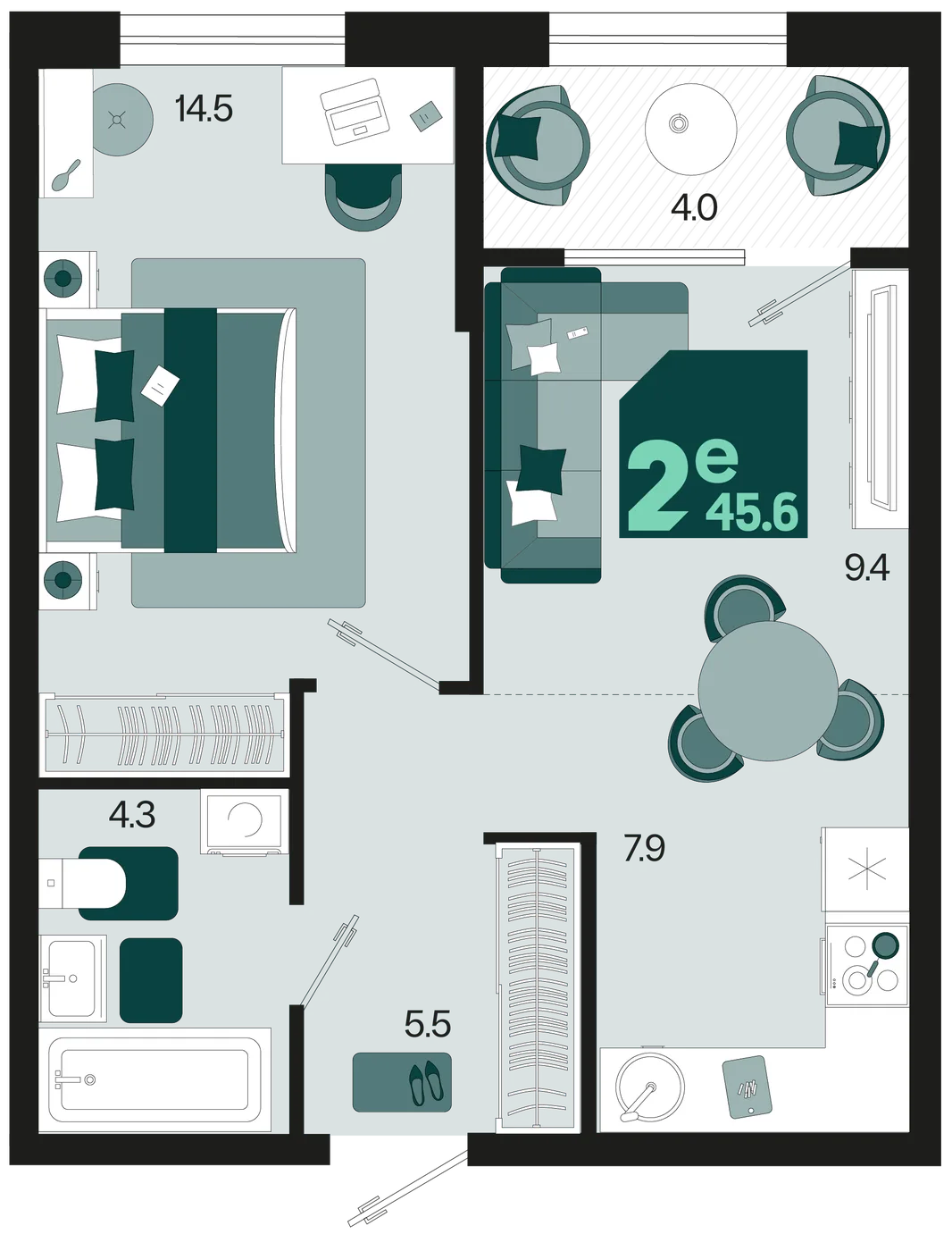Планировка 2-комн. квартира, 45.6 м² ЖК «Первое место»