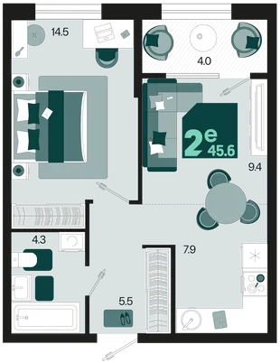 Планировка 2-комн. квартира, 45.6 м² ЖК «Первое место»