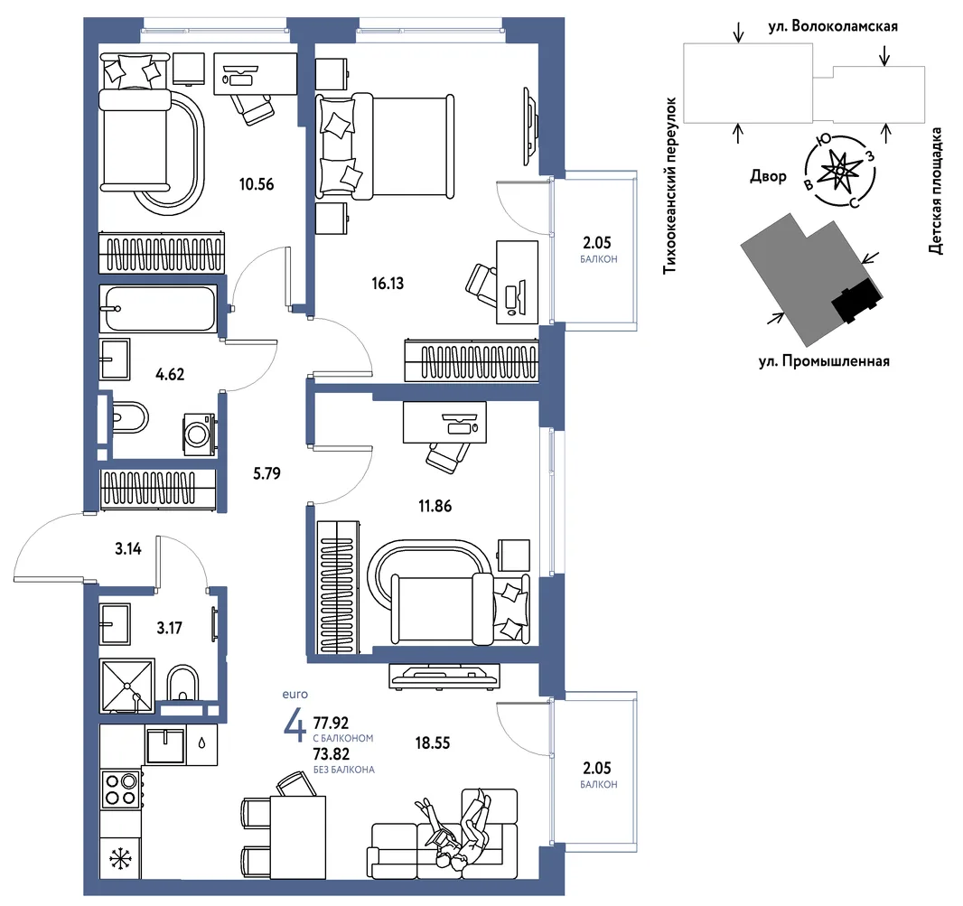 Планировка 4-комн. квартира, 77.92 м² ЖК «Страна Прибрежная»