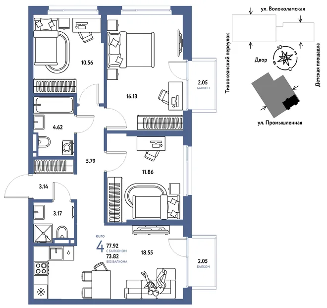 Планировка 4-комн. квартира, 77.92 м² ЖК «Страна Прибрежная» Планировка 4-комн. квартира, 77.92 м² ЖК «Страна Прибрежная»