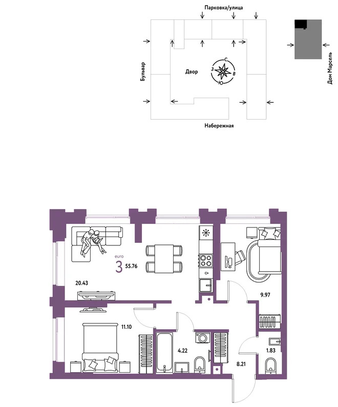 Планировка 3-комн. квартира, 55.76 м² ЖК «Европейский берег 2.0» Планировка 3-комн. квартира, 55.76 м² ЖК «Европейский берег 2.0»