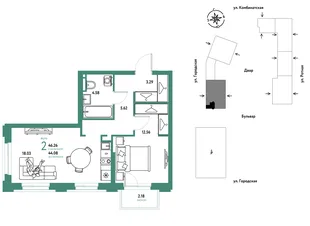 Планировка 2-комн. квартира, 46.26 м² ЖК «Уральский сад»