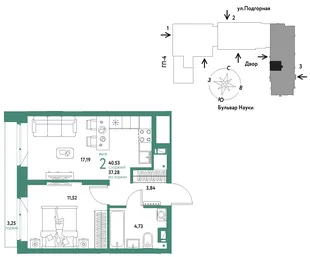 Планировка 2-комн. квартира, 40.53 м² ЖК «Авторский»