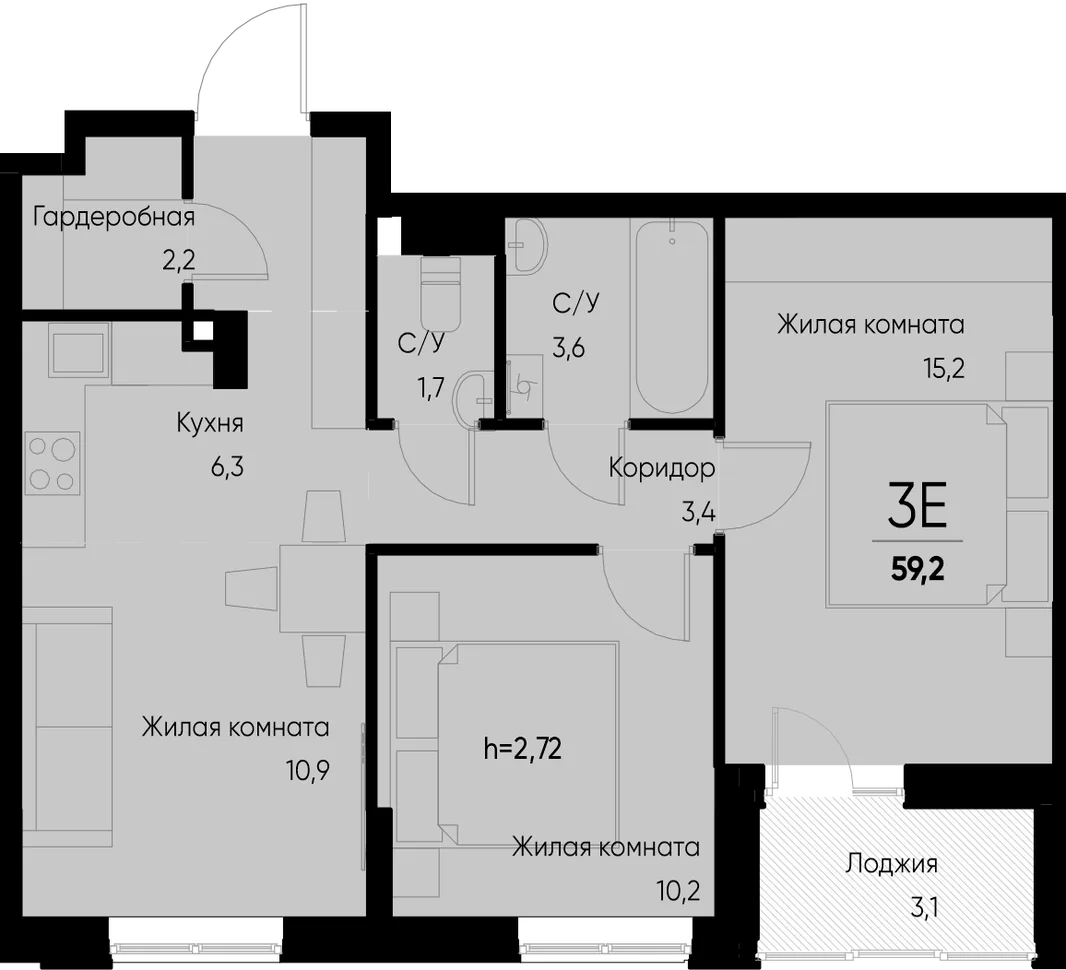 Планировка 3-комн. квартира, 59.2 м² ЖК «Васильевский остров»