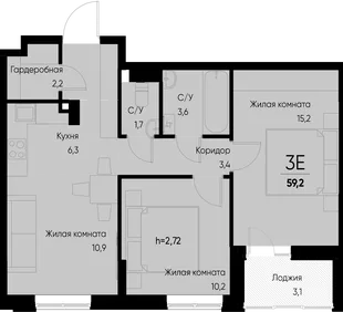 Планировка 3-комн. квартира, 59.2 м² ЖК «Васильевский остров»