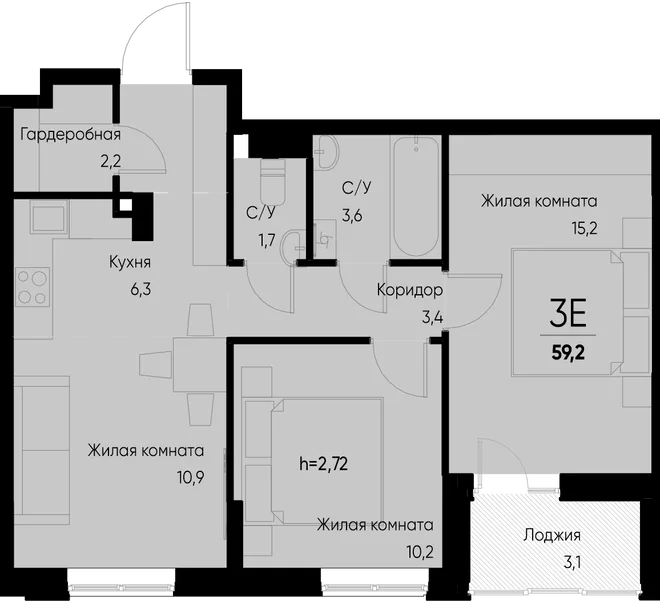 Планировка 3-комн. квартира, 59.2 м² ЖК «Васильевский остров» Планировка 3-комн. квартира, 59.2 м² ЖК «Васильевский остров»