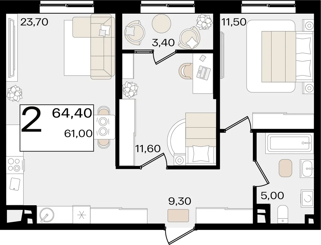 Планировка 2-комн. квартира, 64.4 м² ЖК «Патрики»