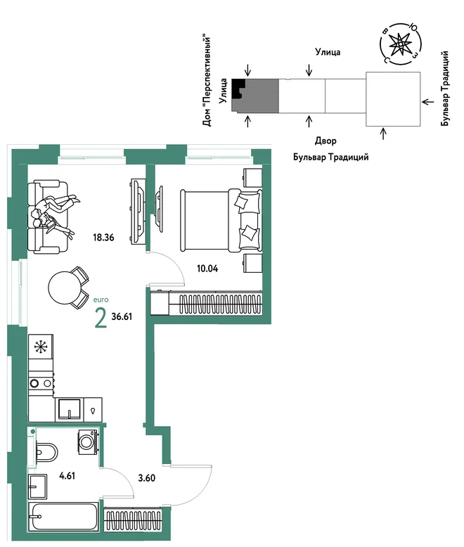 Планировка 2-комн. квартира, 36.61 м² ЖК «Микрорайон Домашний» Планировка 2-комн. квартира, 36.61 м² ЖК «Микрорайон Домашний»