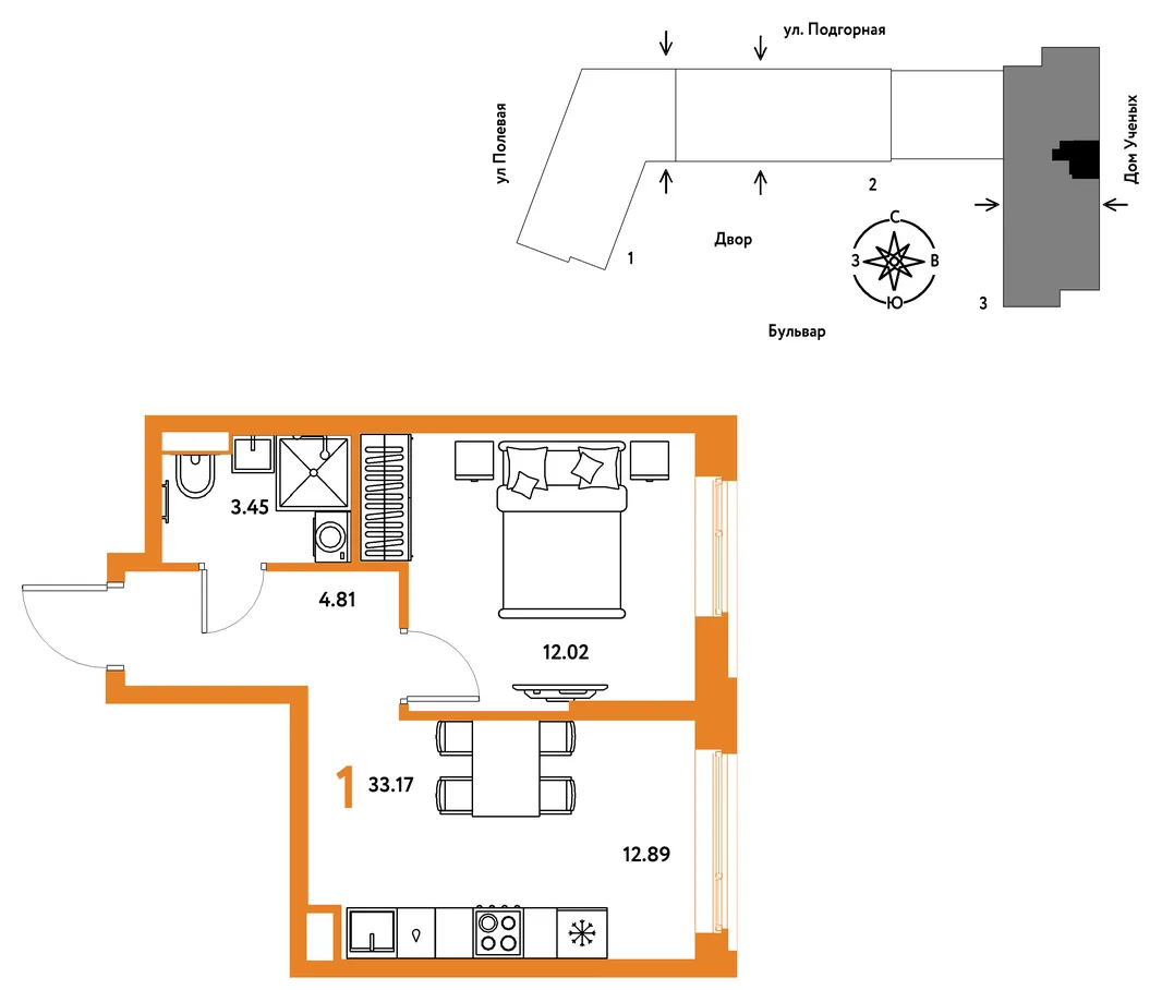 Планировка 1-комн. квартира, 33.25 м² ЖК «Авторский»