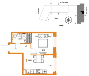 Планировка 1-комн. квартира, 33.25 м² ЖК «Авторский»