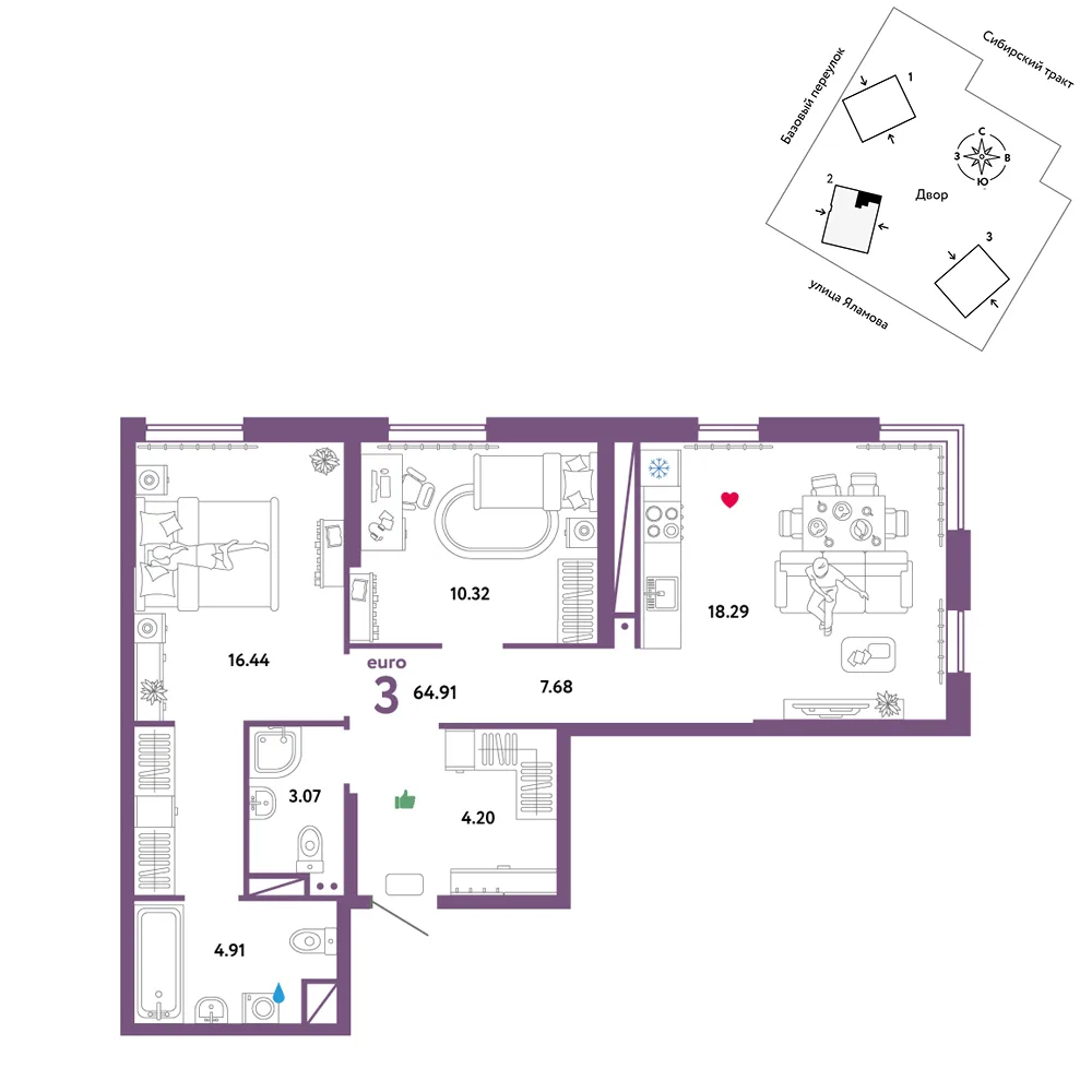 Планировка 3-комн. квартира, 64.91 м² ЖК «Сибирский сад»