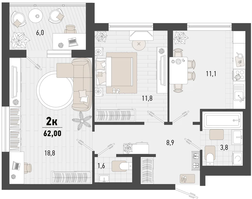 Планировка 2-комн. квартира, 62 м² ЖК «Барса»
