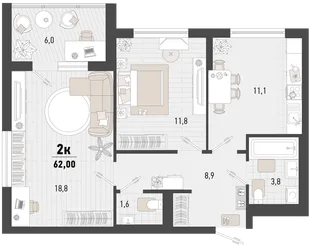 Планировка 2-комн. квартира, 62 м² ЖК «Барса»