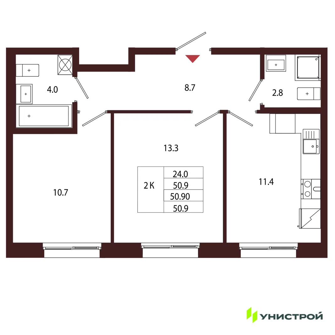 Планировка 2-комн. квартира, 50.9 м² ЖК «Лисино»