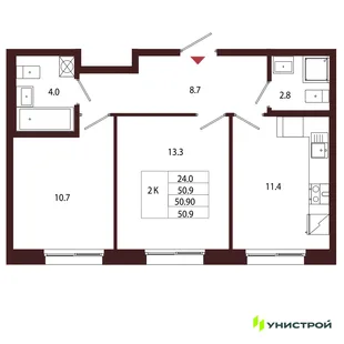 Планировка 2-комн. квартира, 50.9 м² ЖК «Лисино»