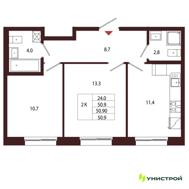 Планировка 2-комн. квартира, 50.9 м² ЖК «Лисино»