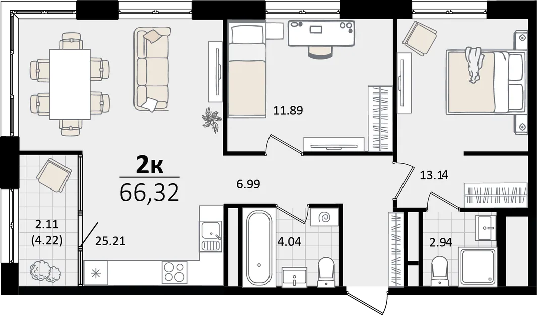 Планировка 2-комн. квартира, 66.32 м² ЖК «Патрики»