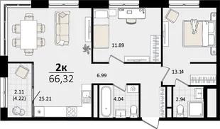 Планировка 2-комн. квартира, 66.32 м² ЖК «Патрики»