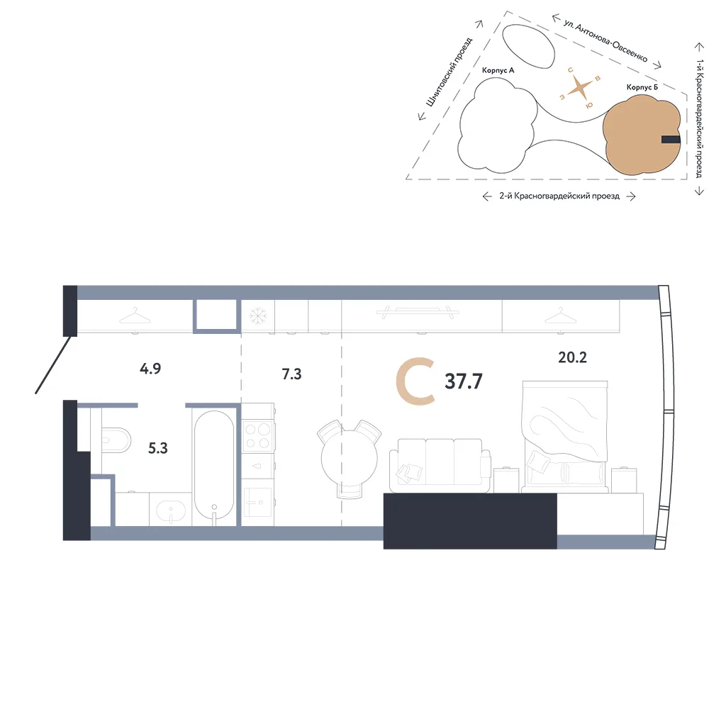 Планировка Студия, 37.7 м² ЖК «АУРУС Резиденции»