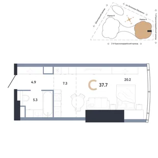 Планировка Студия, 37.7 м² ЖК «АУРУС Резиденции»