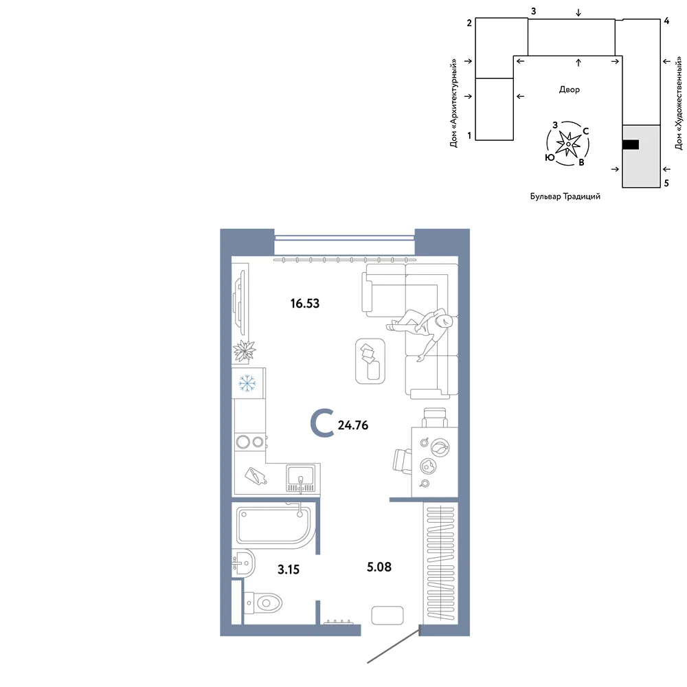 Планировка Студия, 24.76 м² ЖК «Микрорайон Домашний»