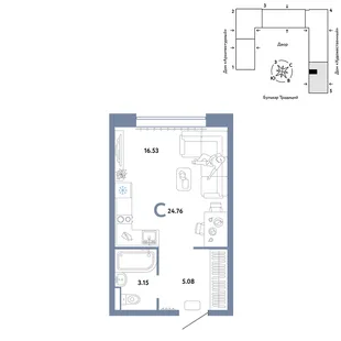 Планировка Студия, 24.76 м² ЖК «Микрорайон Домашний»