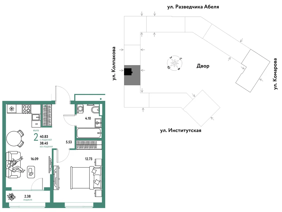 Планировка 2-комн. квартира, 40.83 м² ЖК «Страна.Парковая»