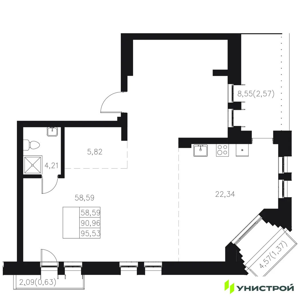 Планировка 1-комн. квартира, 95.53 м² ЖК «Statum»