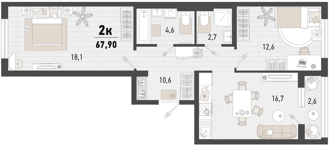 Планировка 2-комн. квартира, 67.9 м² ЖК «Барса»