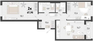 Планировка 2-комн. квартира, 67.9 м² ЖК «Барса»