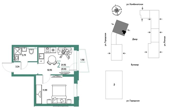 Планировка 2-комн. квартира, 31.93 м² ЖК «Уральский сад» Планировка 2-комн. квартира, 31.93 м² ЖК «Уральский сад»