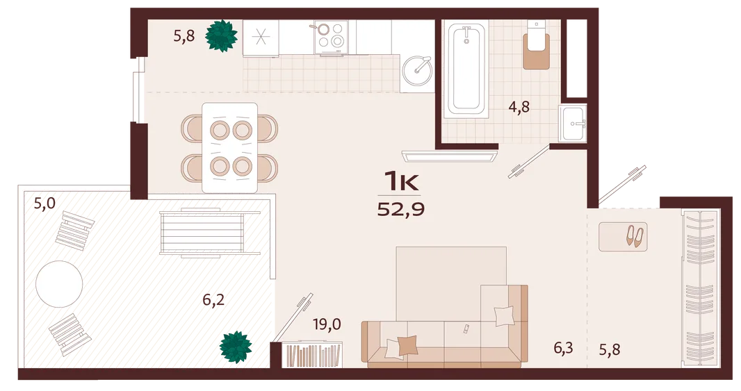 Планировка 1-комн. квартира, 52.9 м² ЖК «Роялта»