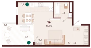 Планировка 1-комн. квартира, 52.9 м² ЖК «Роялта»