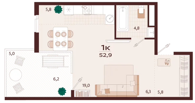 Планировка 1-комн. квартира, 52.9 м² ЖК «Роялта» Планировка 1-комн. квартира, 52.9 м² ЖК «Роялта»