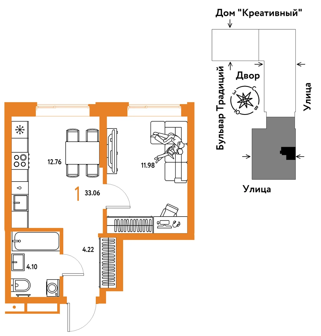 Планировка 1-комн. квартира, 33.06 м² ЖК «Микрорайон Домашний»
