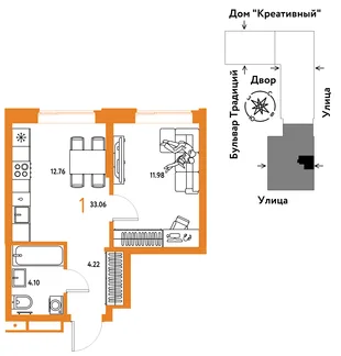 Планировка 1-комн. квартира, 33.06 м² ЖК «Микрорайон Домашний»