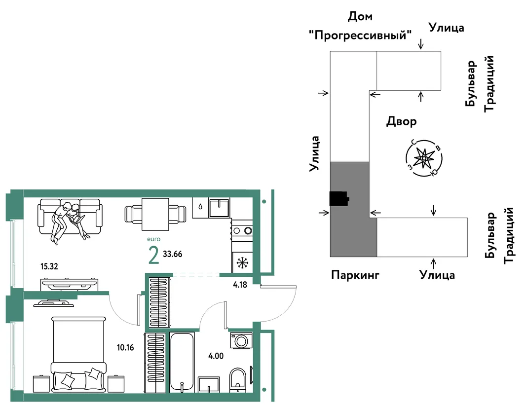 Планировка 2-комн. квартира, 33.66 м² ЖК «Микрорайон Домашний»