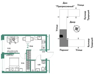 Планировка 2-комн. квартира, 33.66 м² ЖК «Микрорайон Домашний»
