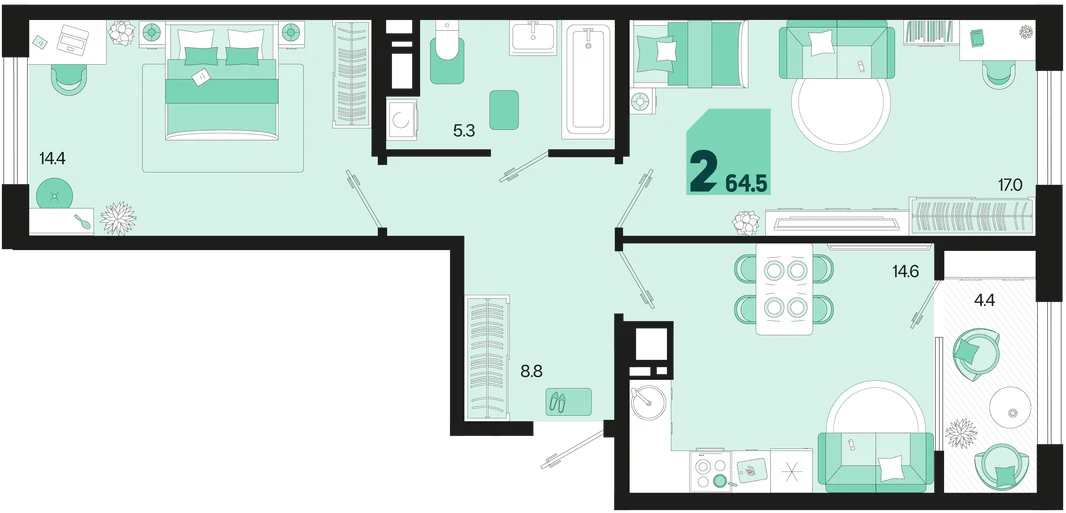 Планировка 2-комн. квартира, 64.5 м² ЖК «Первое место»