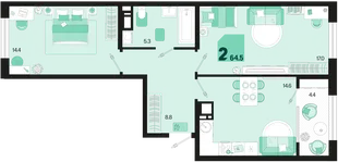 Планировка 2-комн. квартира, 64.5 м² ЖК «Первое место»